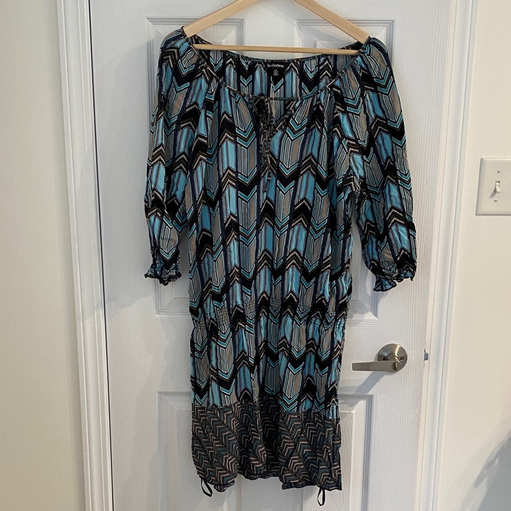 Le Chateau Women's Chevron Patterned Blue and Black Dress size Large